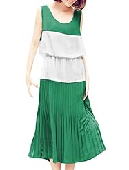 Chiffon/Cotton Elasticized   Waistline Scoop Neck Sleeveless Pleated Two-Toned  Dress