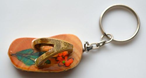 Wood Flip Flop Keychain with Orange Flower Design