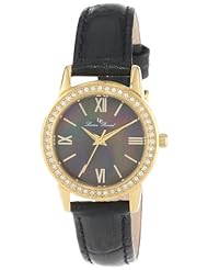 Lucien Piccard Womens LP-12006-YG-01MOP Veleta Black Mother-Of-Pearl Dial Swarovski Crystal Accents Black Leather Strap Watch