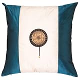 Decorative Handmade Silky Ivory & Teal Blue Cushion Cover / Pillow Sham - Golden Sunflower Design