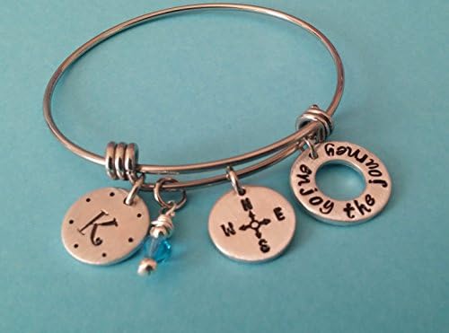 Stainless Steel Bangle Graduation Bracelet-Enjoy The Journey with Hand Stamped Compass-Initial Disc and Swarovski Birthstone Crystal