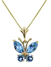 14k Solid Gold 18" Necklace with Blue Topaz Butterfly Pendant