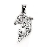 Sterling Silver Pendant - Dolphin - Clear Cubic Zerconia - 19mm Height
