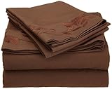 IMAGE OF Cathay Home Fashions Luxury Silky Soft Flower Design Embroidered Microfiber Full Sheet Set, Chocolate