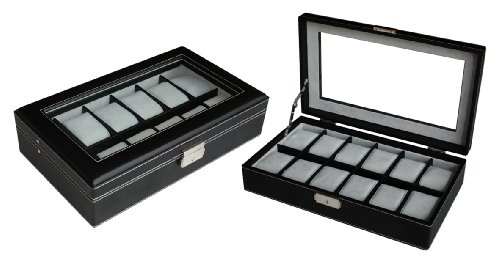 12 PIECE BLACK LEATHERETTE MEN'S WATCH DISPLAY ORGANIZER STORAGE CASE FOR WATCHES