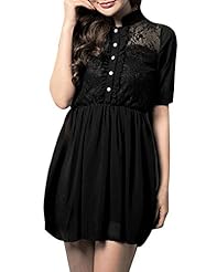 Chiffon Elasticized   Waistline Lace Sheer Mini Dress 