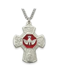 Sterling Silver Engraved Sandblasted Four Way Meda Necklacel w/ Red Enameled Centered Dove Catholic Jewelry Four Way Patron Saint St. Medal Catholic