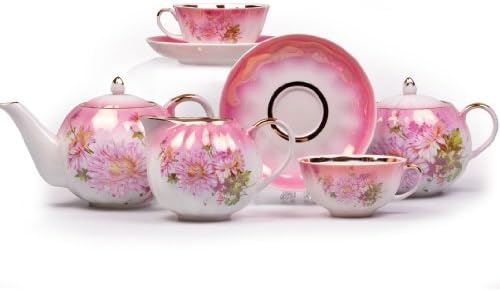 Dulyovo Porcelain Tea Set "Chrysanthemum" 15-pc. for 6 Persons Pink