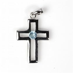 Sterling Silver - Cross - Cut-Out - Aquamarine CZ - 27mm Pendant Height