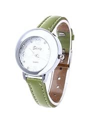 Womens Quartz Wristwatch Green Leather Band Rhinestone Dial Arabic Numeral Mark