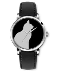 SPRAWL Aanalog Fashion Series Silver Ladies Watches of Genuine Black Leather Strap,Unique Wrist Watch for Women Girls Designed with Shadow Cat
