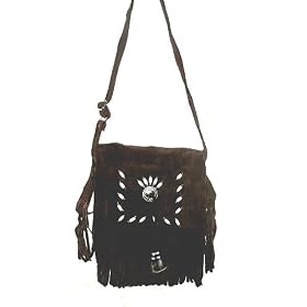 Cowgirl's Lady Biker's Leather Shoulder Bag with Fringes, Bones and Beads-Dark Brown