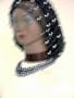 Sn60, Hand Crocheted Black Gimp Large Snood Trimmed with Sparkling Rhinestones for Women in Combination with Onyx Graduated Black Pearl Necklace and Matching Earrings
