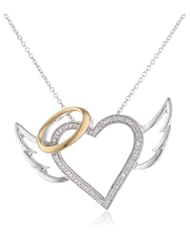 18k Gold Plated Sterling Silver Diamond Heart Wing Pendant Necklace(0.05 Cttw, I-J Color, I2-I3 Clarity), 18"