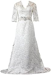 A-line V-neck Elbow Length Sleeves Keyhole Crystal Beaded Lace  Dress With a Sash 