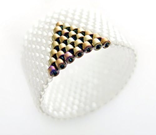 White and Gold Ring, Gold Triangle Ring, White Ring Band, Beaded White Ring, Beaded Triangle Ring, Statement Ring, OOAK Ring, Dreadlocks Bead