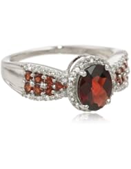 10k White Gold Checkerboard Oval Garnet Center with Round Garnet and Diamond Ring
