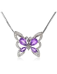 Sterling Silver Pear and Marquise Shaped Amethyst and Diamond Butterfly Pendant Necklace (0.01 cttw, I-J Color, I1-I2 Clarity), 18"