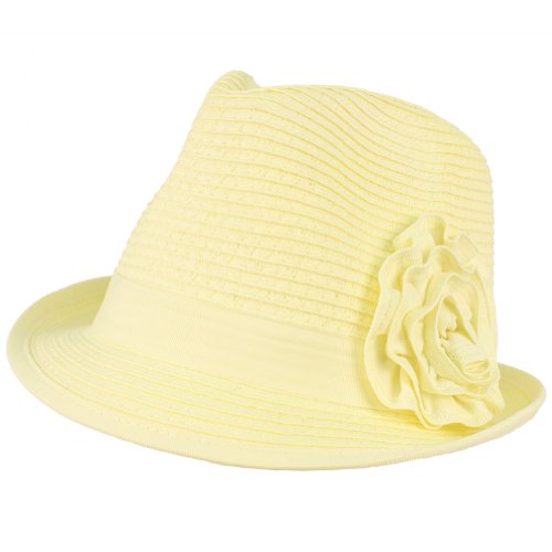 Ladies Ruffle Flower Beach Summer Fedora Trilby Crusher Packable Hat Ivory