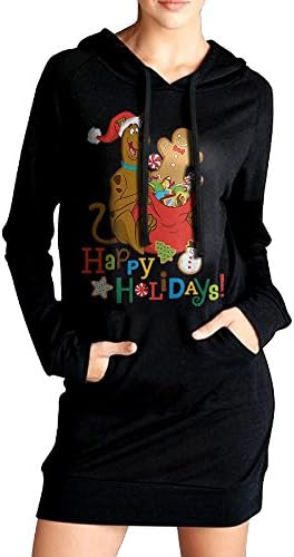KEMU Sweaty Womens Casual Long Sleeve Drawstring Sweatshirt Dress Hoodie Scooby Doo Christmas Black