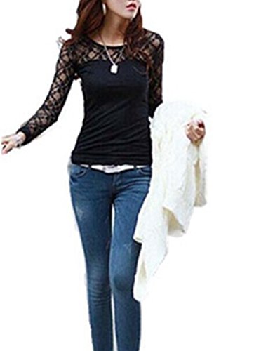 KingSo®Women Lace Slim Sheer Long Sleeve Slim Fit Chiffon Tops Blouse Shirt