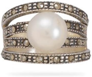MMA Silver - 4 Marcasite Bands with a Cultured Freshwater Pearl Ring
