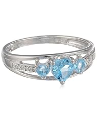 Silver Three Heart Shape Blue Topaz with 0.018 Diamonds cttw Ring, Size 7