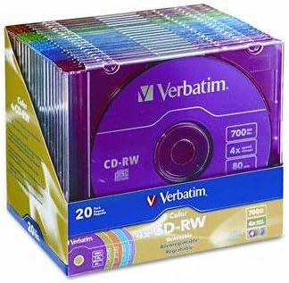 CD-RW Discs, 700MB/80min, 4X, Slim Jewel Case, Assorted Colors, 20/Pack