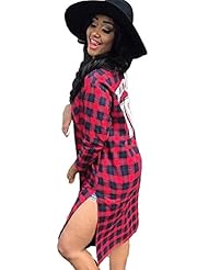 Plaid Print Polyester Slit Long Sleeves  Shirt  Dress