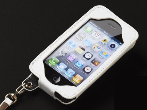 画像をクリックして拡大イメージを表示 安いiPhone4/4S対応!ネックストラップ付本革レザーケース(ホワイト)