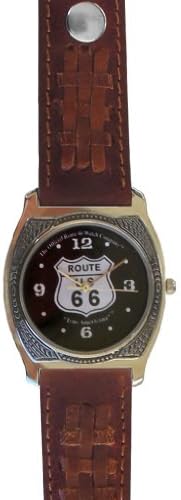 Western Style Route 66 Collectible Watch By the Official Route 66 Watch Company Has a Fancy Shape Polished Chrome Case with Artistic Decorative Black Enamel Embossing and Brown Western Style Leather Strap
