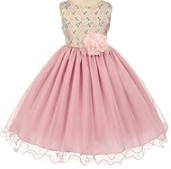 Girls Floral Print Sleeveless Tea Length Jacquard Piping Lace-Up Tulle  Dress