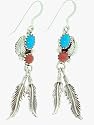 Beautiful! Sterling-silver Navajo,Turquoise & Coral 2 feather Dangle Earrings