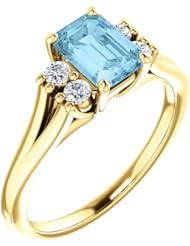 10K Yellow Gold 7.00x5.00mm Emerald Cut Aquamarine and Diamond Ring -- LIFETIME WARRANTY