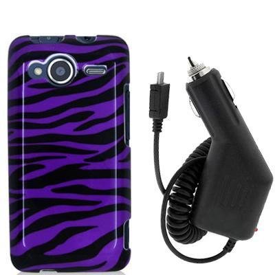 Black / Purple Zebra Design Crystal Hard Skin Case Cover + Car Vehicle Charger Accessories for HTC Sprint EVO Shift 4G Phone by Electromaster