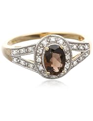 Sterling Silver with Yellow Gold Plated Smokey Quartz and Diamond Oval Ring, Size 7