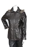 Ladies Mid Length Leather Jacket 4028 Brown Womens Detachable Hoodie Leather Jacket