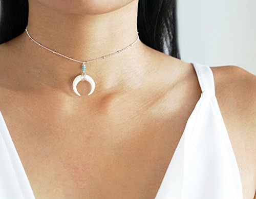 Double Horn Necklace, White Bone Horn Necklace, Turquoise Beads, Boho Choker Necklace, Sterling Silver, Bead Satellite Chain Necklace