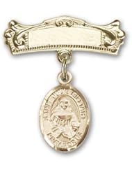 14K Gold Baby Badge with St. Julie Billiart Charm and Arched Polished Badge Pin