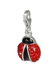 SilberDream Glitter Charm ladybird with red Czech crystals and black enameled, 925 Sterling Silver Charms Pendant with Lobster Clasp for Charms Bracelet, Necklace or Earring GSC508R