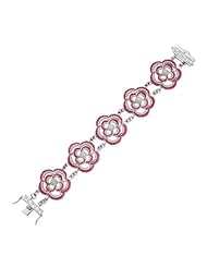 Sterling Silver Red Epoxy and Diamond Accent Blooming Flower Bracelet