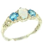 Ladies Solid Sterling Silver Natural Opal & Blue Topaz English Victorian Trilogy Ring - Finger Sizes 5 to 12 Available