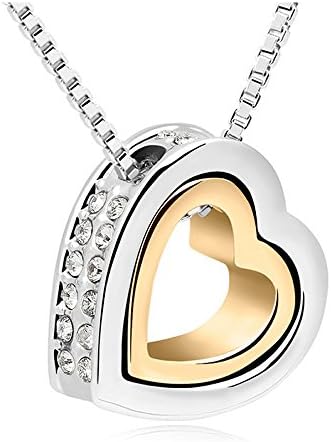 OMFEE Swarovski Elements "Forever Love" Women's Fashion Crystal Dual Heart Shape Pendant Necklace,Chain Length 15.7"+1.9"inch