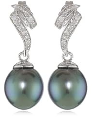 10k White Gold Diamond and Black Tahitian Cultured Pearl Drop Earrings (0.12 cttw, G-H Color, I2;I3, Clarity)
