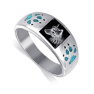 Turquoise Inlay Band Sterling Silver Wolf Ring