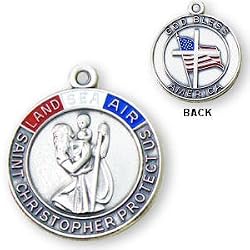 Sterling Silver God Bless America U S Land-Sea-Air St Christopher Medal and 24-inch Chain