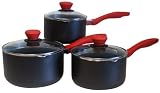 Ready Steady Cook Bistro 3 Piece Non-Stick Aluminium Saucepan Set, 16cm, 18cm and 20cm, Black and Red