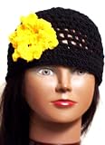Hand Crocheted Black Rayon Cotton Gimp Skull Cap for Women and Teens Trimmed with Crocheted Bright Yellow Gimp Rosette