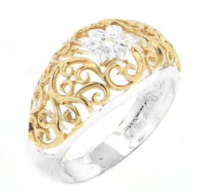 Domed Sterling Silver Filigree Ring with 18K Gold Overlay Size 7