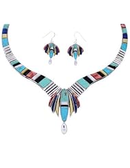Multicolor Inlay Silver Link Necklace Earrings Set GS75561